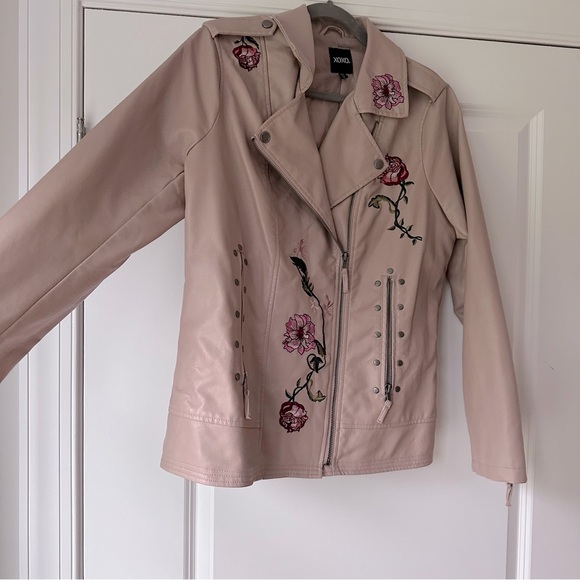 XOXO Embroidered Moto Jacket, Faux Leather, Size Large - Picture 3 of 15